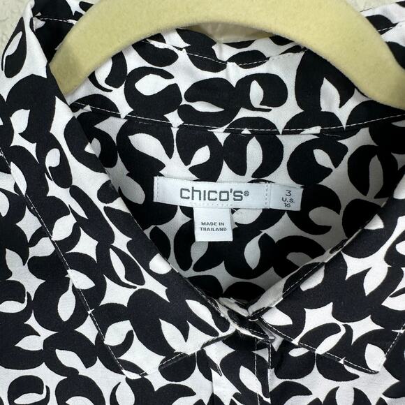 Chico’s Size 3 (US 16) Black White Abstract Print Button Front Shirt ¾ Sleeve - Picture 3 of 6